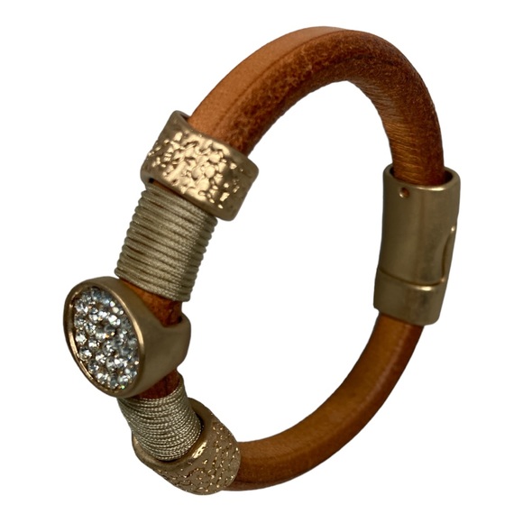 Brown Leather Bracelet with Gold  and Clear Crystals - Picture 3 of 8